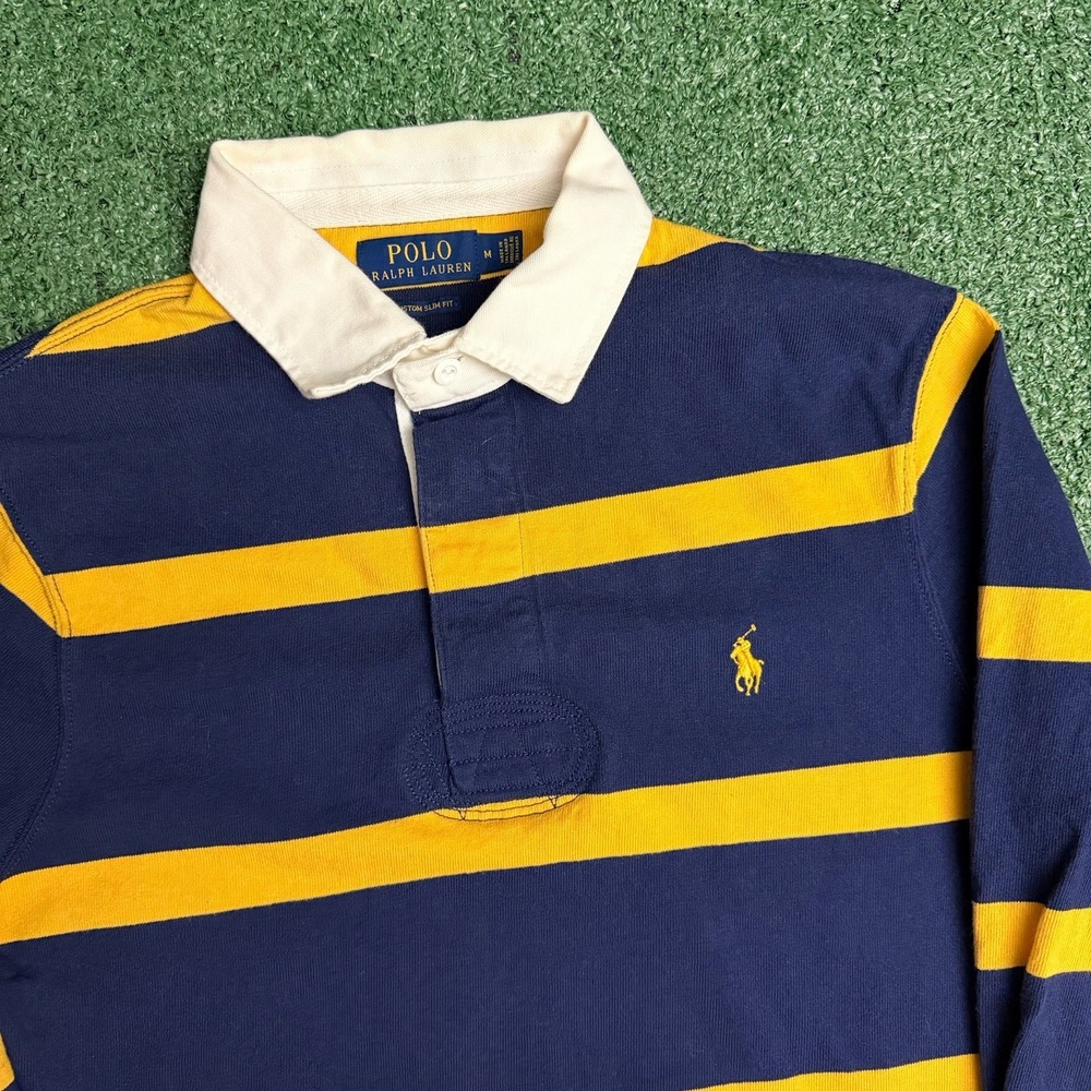 Polo Ralph Lauren Rugby Shirt Mens M Navy Gold Stripe Long Sleeve Preppy
